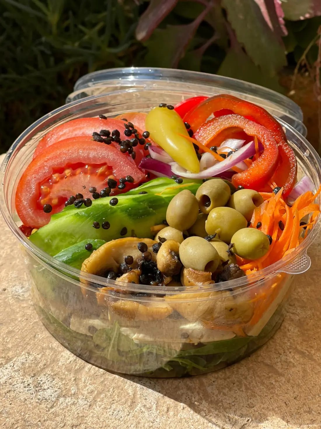 Fresh salad bowl from the Village of Peace plant-based table