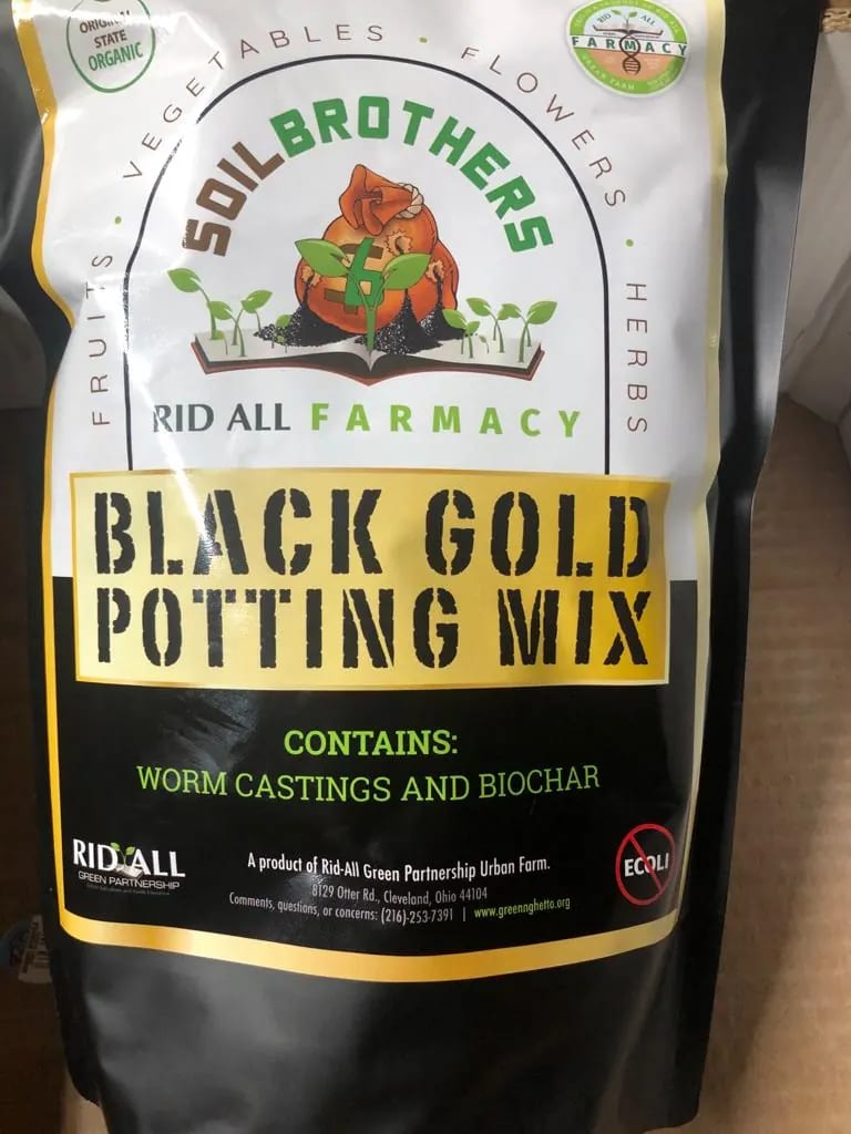 A bag of Black Gold potting mix made with worm castings and biochar, from the Rid-All Farmacy and Soil Brothers range
