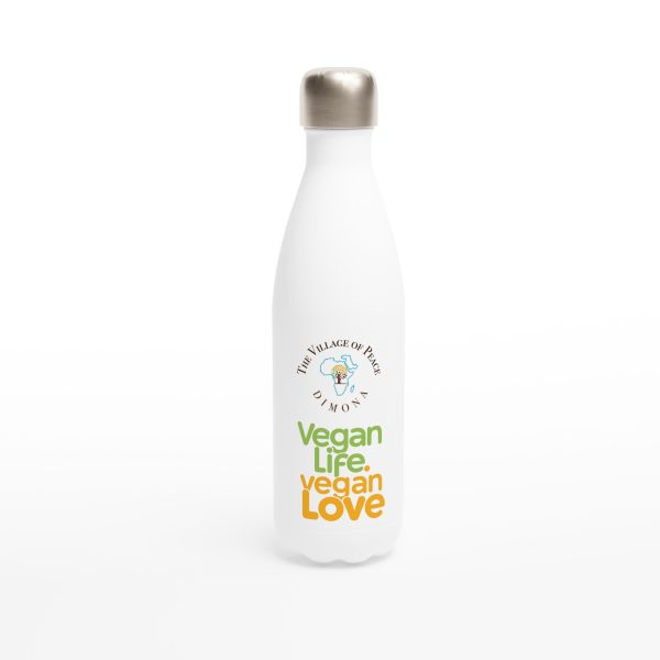 Village of Peace: Vegan Life. Vegan Love White 17oz Stainless Steel Water Bottle